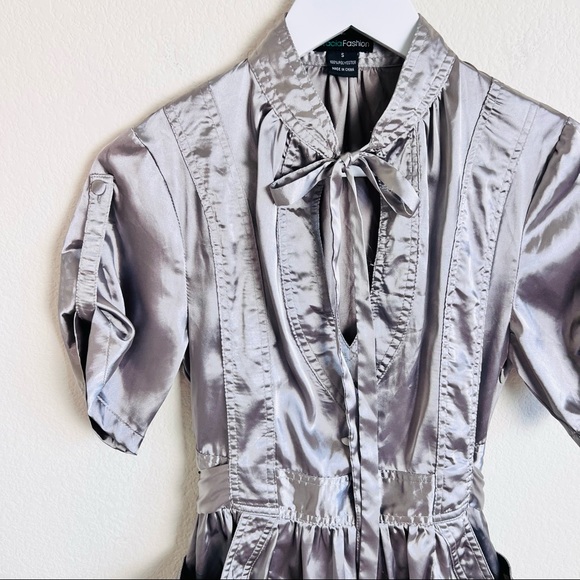 Y2K Silver Satin V-Neck Neck Tie Short Sleeve Bubble Mini Dress - Picture 6 of 16